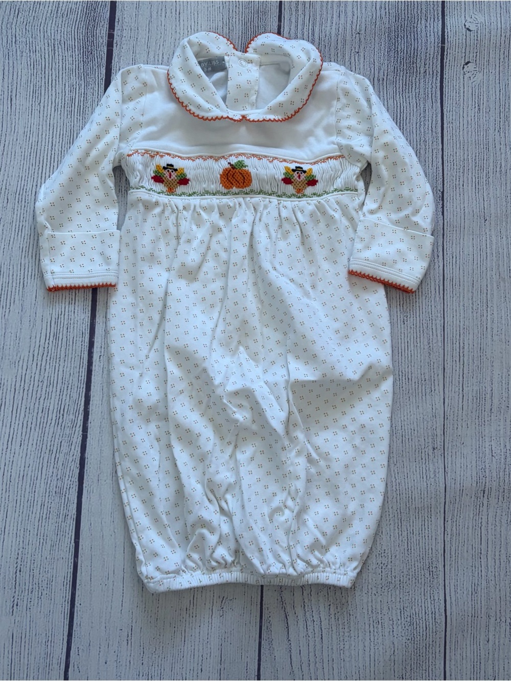 Baby Bliss Pima Cotton Smocked Pumpkin & Turkey Thanksgiving Gown Size 3-6 month